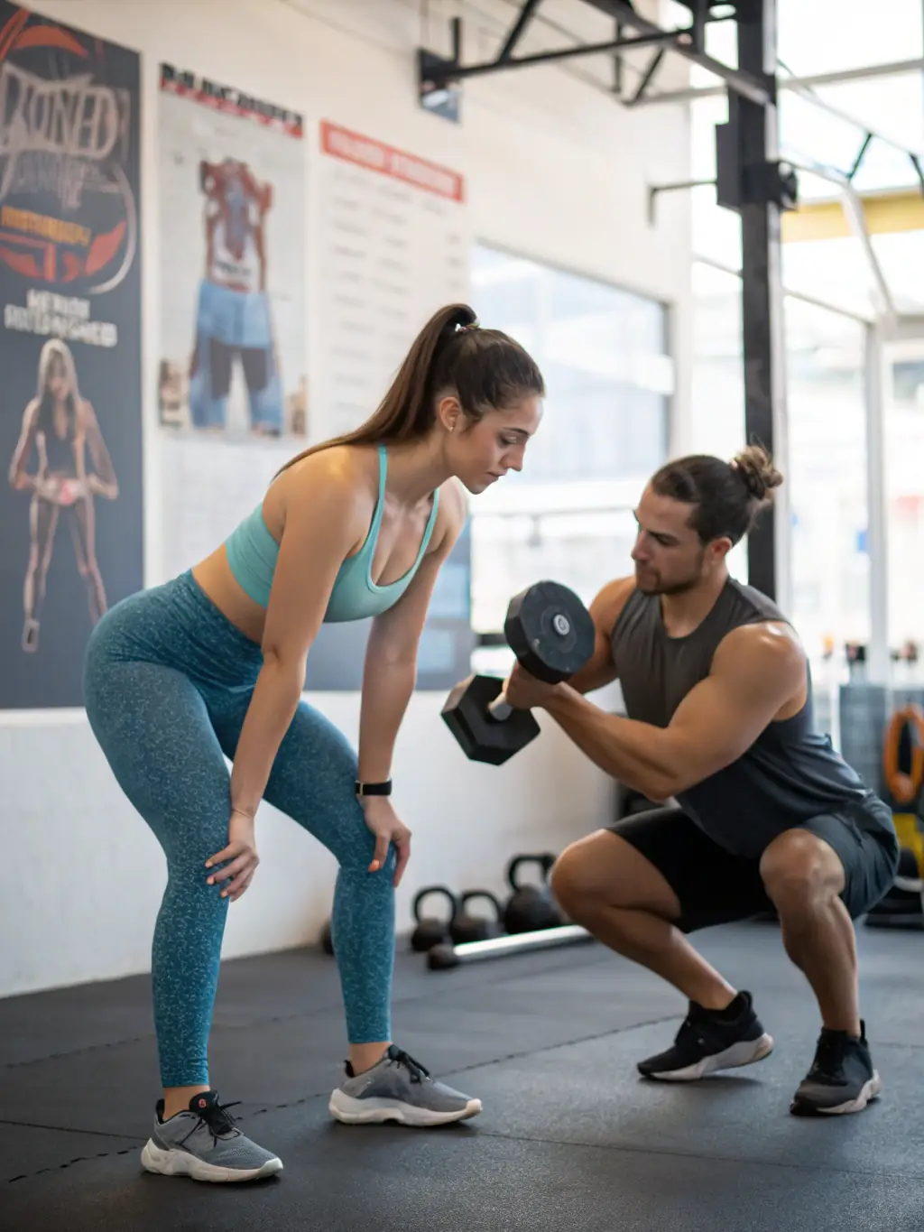 A personal trainer guiding a client through a workout in a gym setting, focusing on proper form and technique.