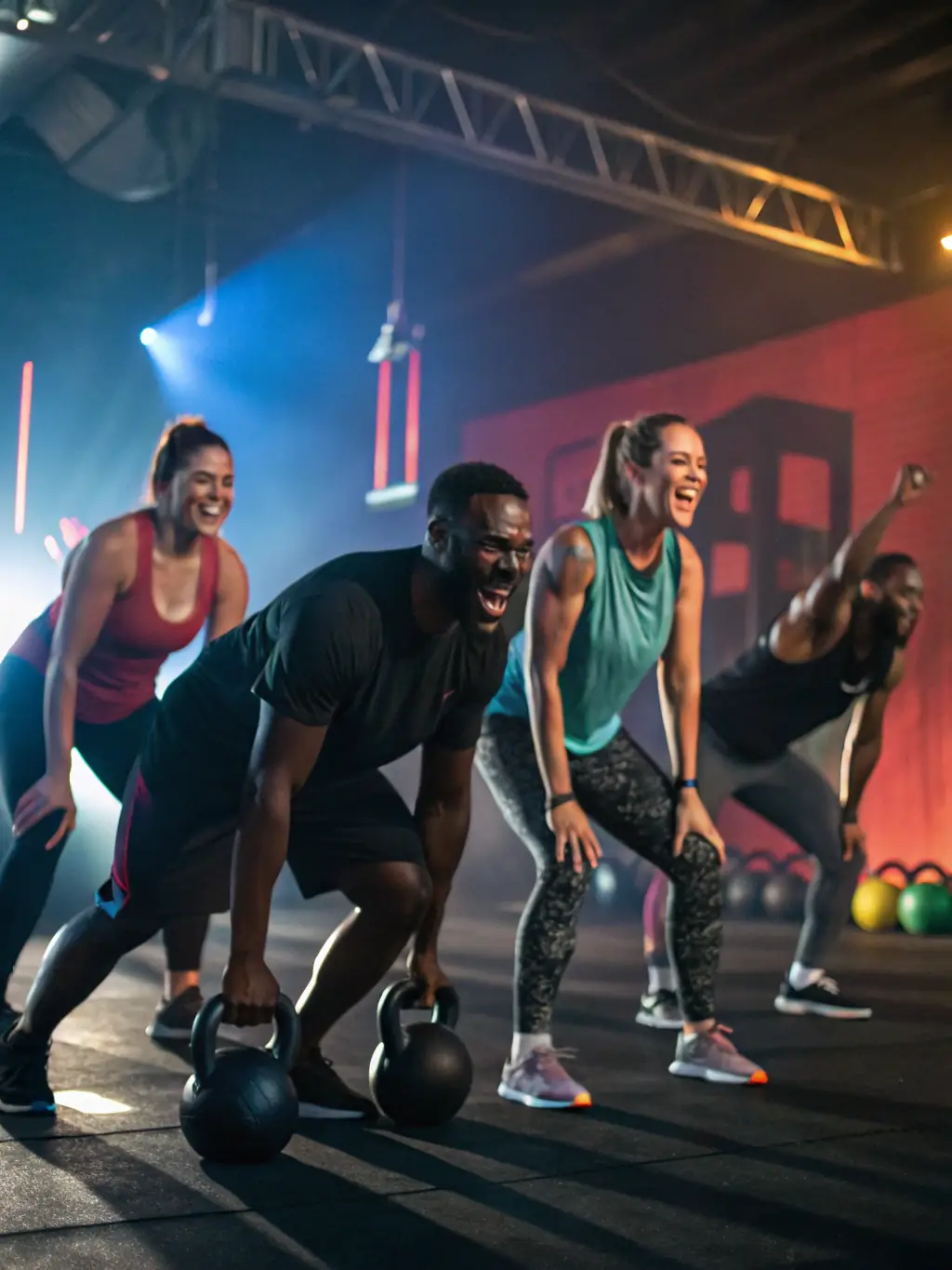 A small group of people engaged in a workout session led by a trainer, demonstrating personalized attention in a group setting.
