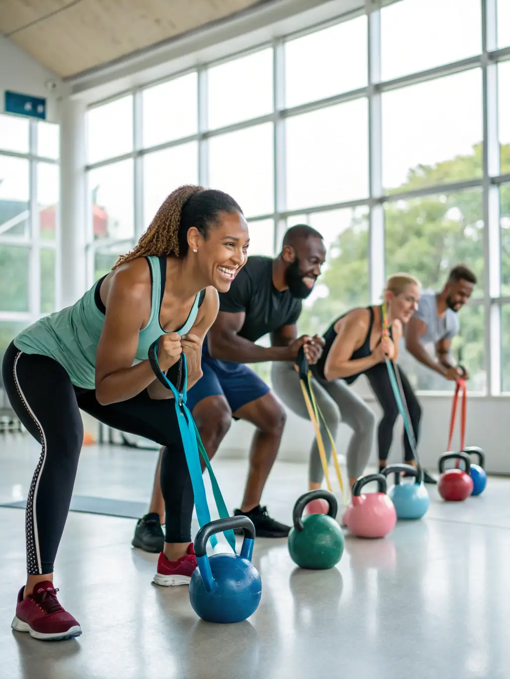 A small group session with 4-5 people doing kettlebell exercises, with a trainer providing individual attention.