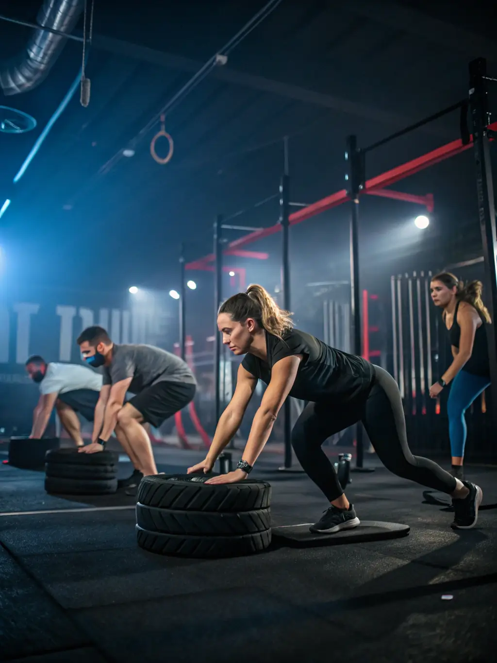 A team training session in progress, with participants doing a circuit workout under the supervision of a trainer.